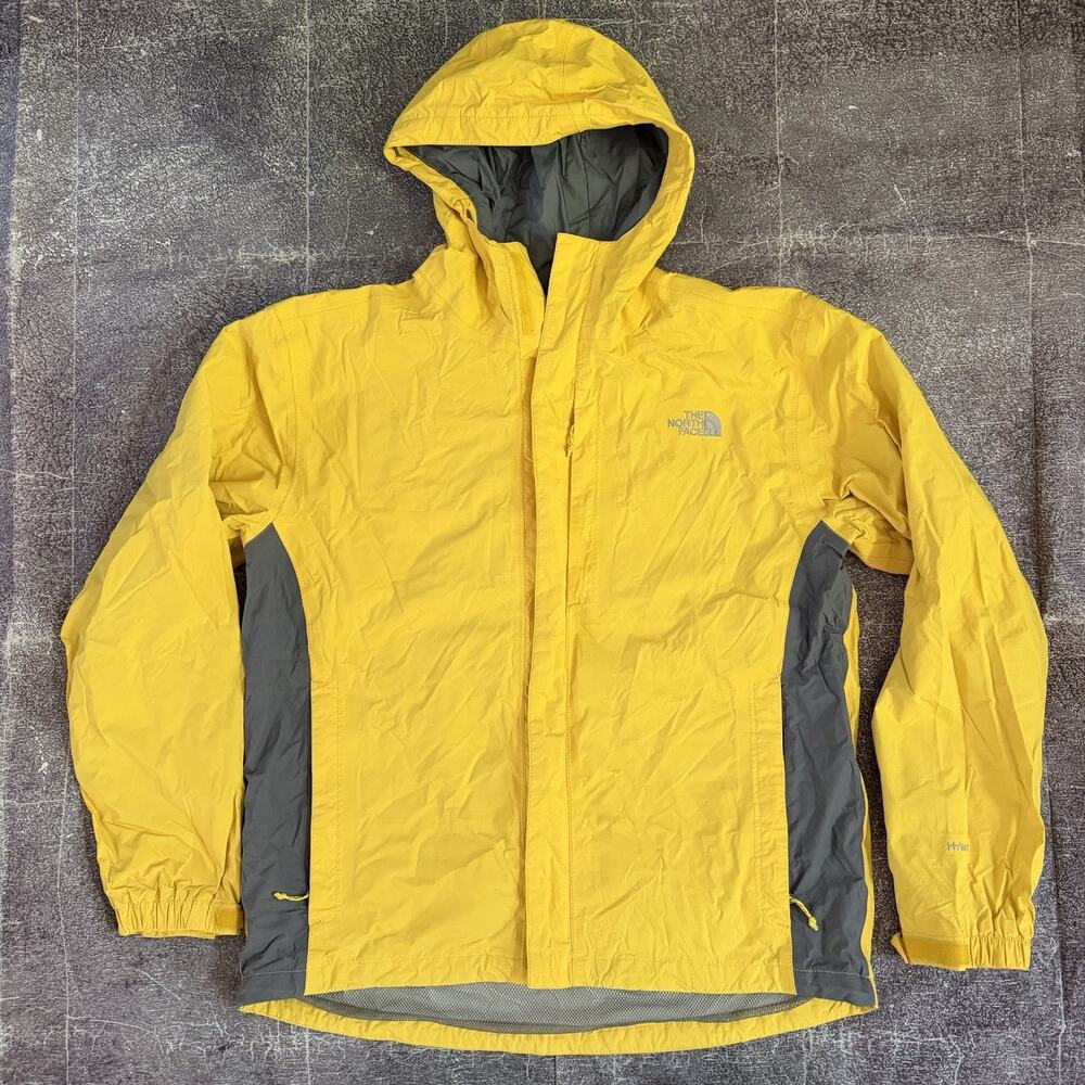 Men's The North Face Yellow Gray Mesh Lined Hyvent Hooded Rain Coat Jacket Sz L